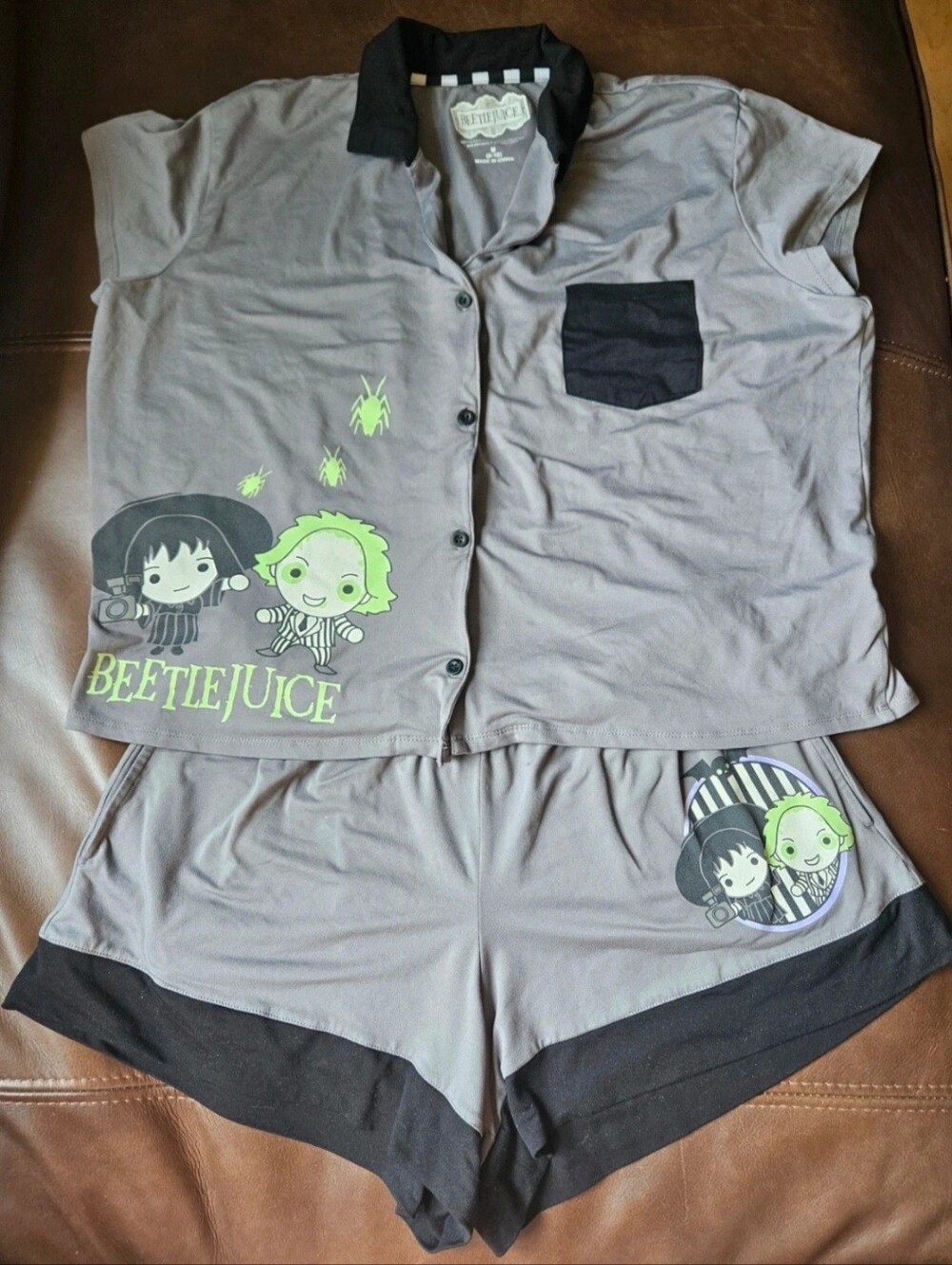 Beetlejuice 2 Pc Short Pajama Set Gray Contrast Trim Lounge Set Spooky M